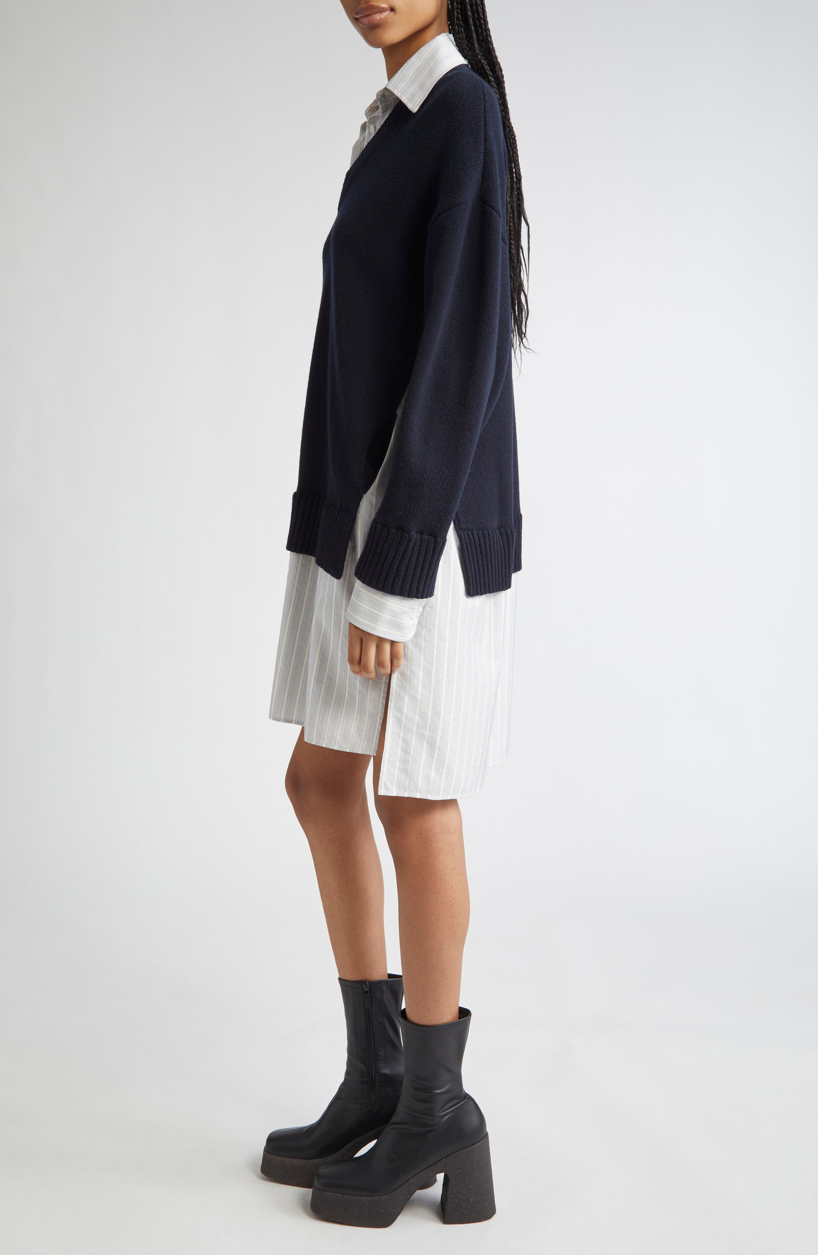 Stella McCartney Long Sleeve Mixed Media Wool, Silk & Cotton Dress in 4000 - 3