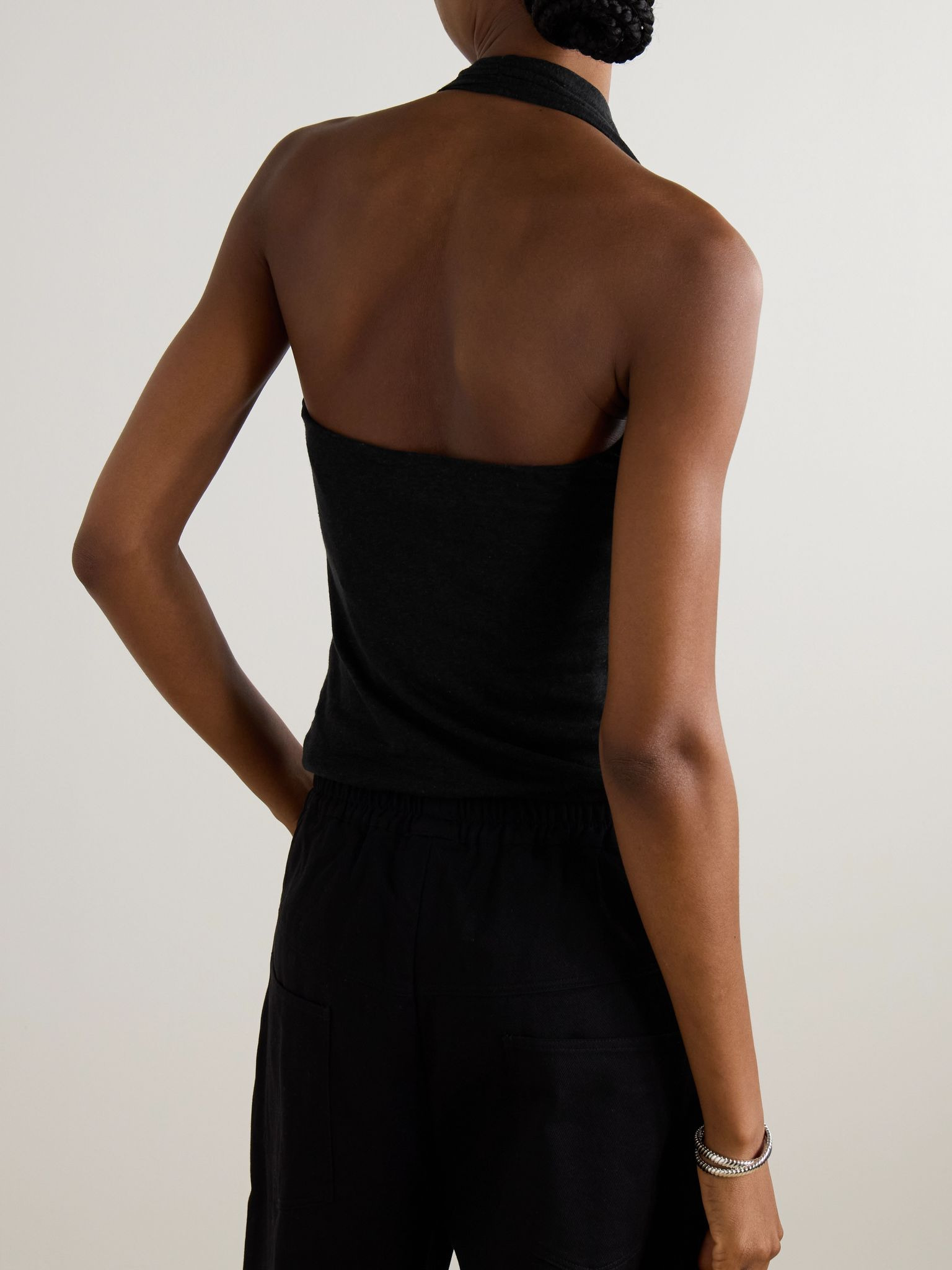 Slub linen and Lyocell-blend jersey wrap-effect top Black - 3