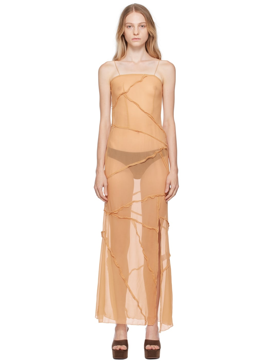 Beige Semi-Sheer Midi Dress - 1