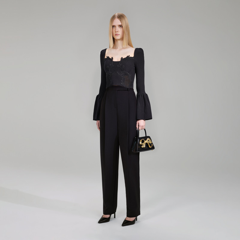 Black Lace Insert Ribbed Knit Top 2