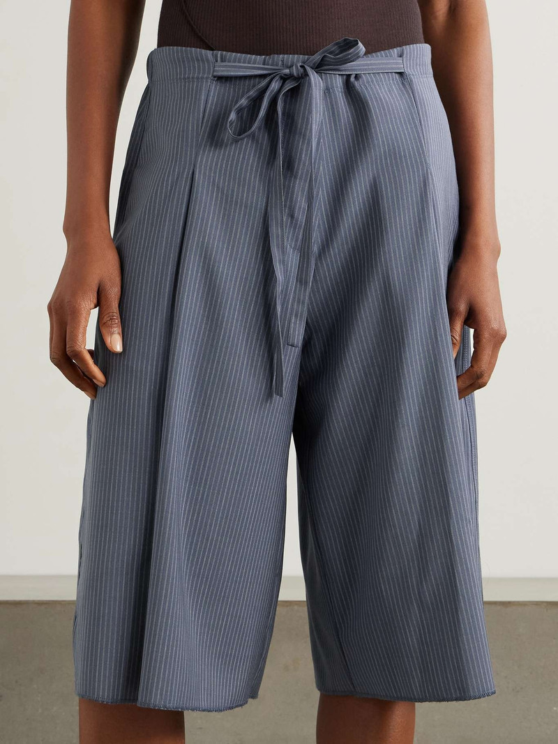 DEIJI STUDIOS Tie-detailed pleated striped wool wide-leg shorts Blue outlook