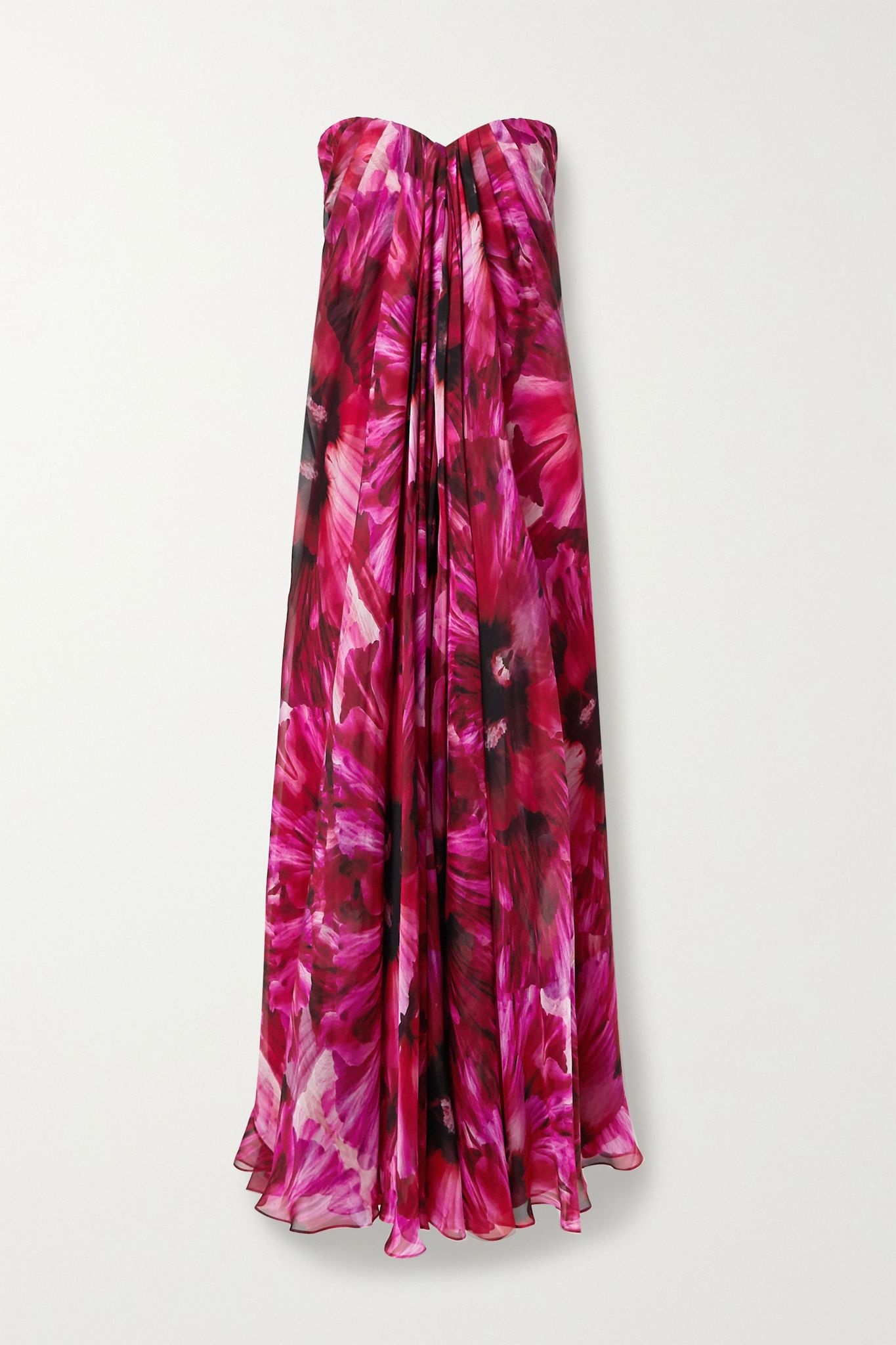 Strapless pleated floral-print silk-crepe de chine gown - 1