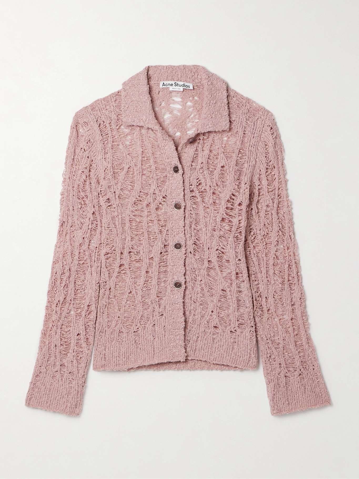 Distressed open-knit cotton-blend cardigan - 1