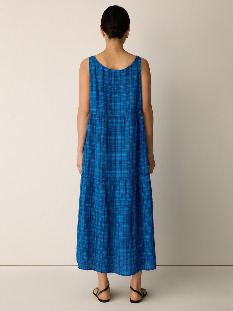 Puckered Organic Linen Plaid Tiered Dress 4