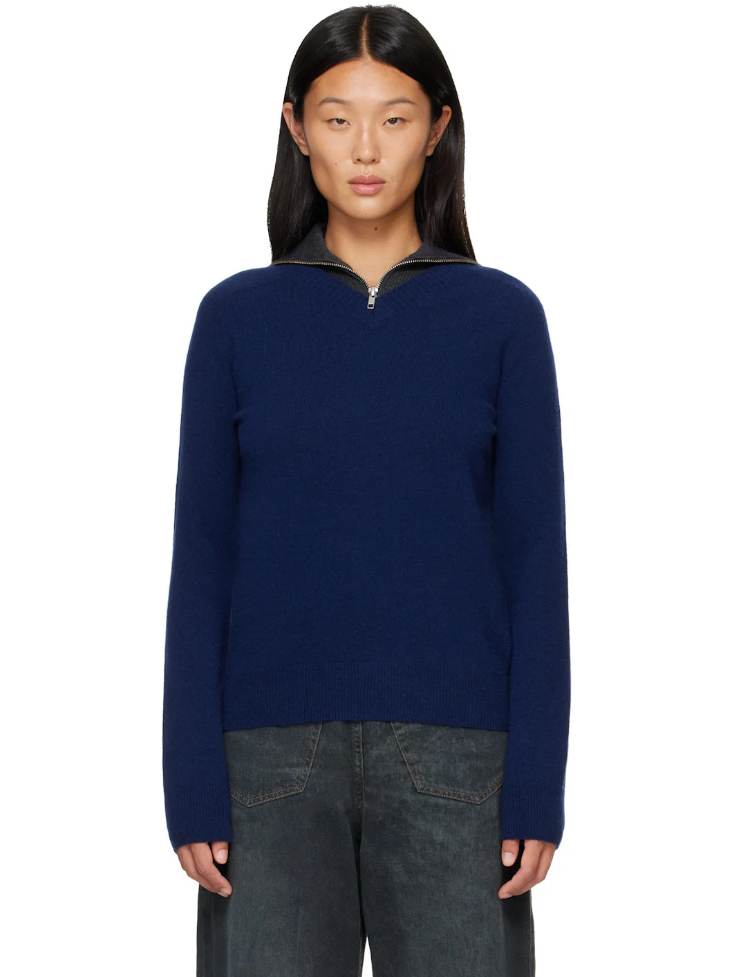 Navy & Gray Layered Neckline Pullover Sweater - 1