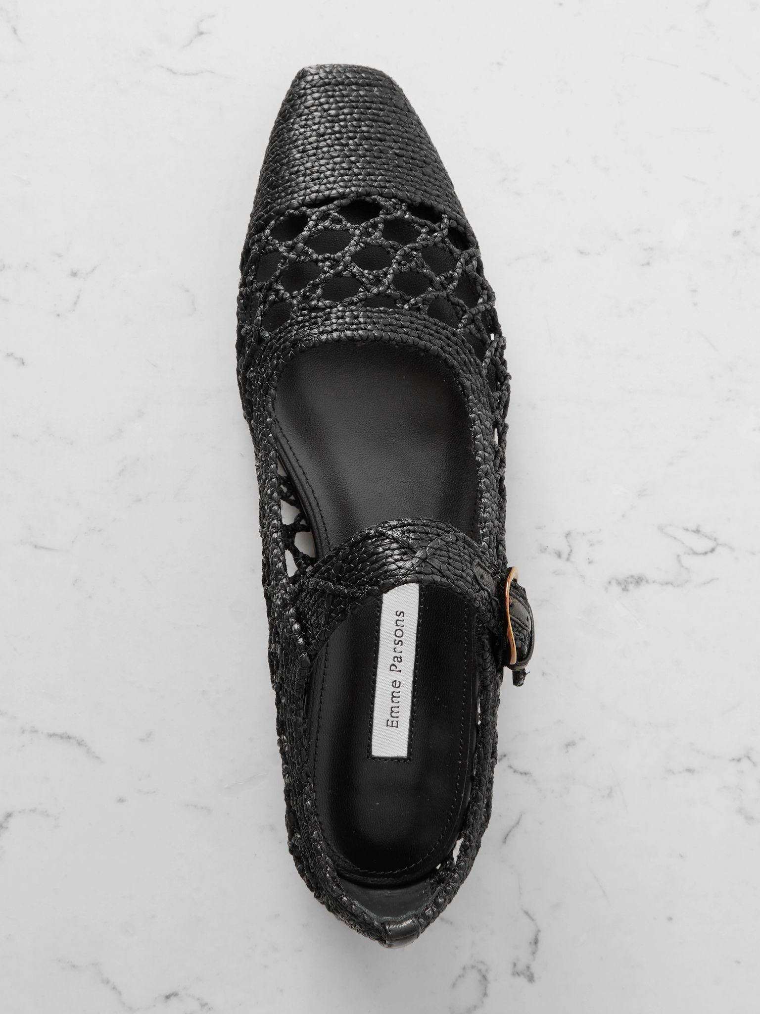 Tramonto leather-trimmed woven raffia Mary Jane ballet flats Black - 5