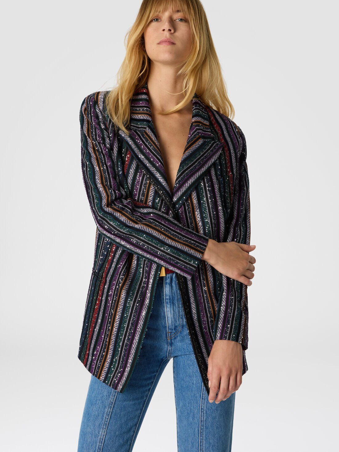Single-Breasted Blazer with Herringbone Stripe Knit - 4