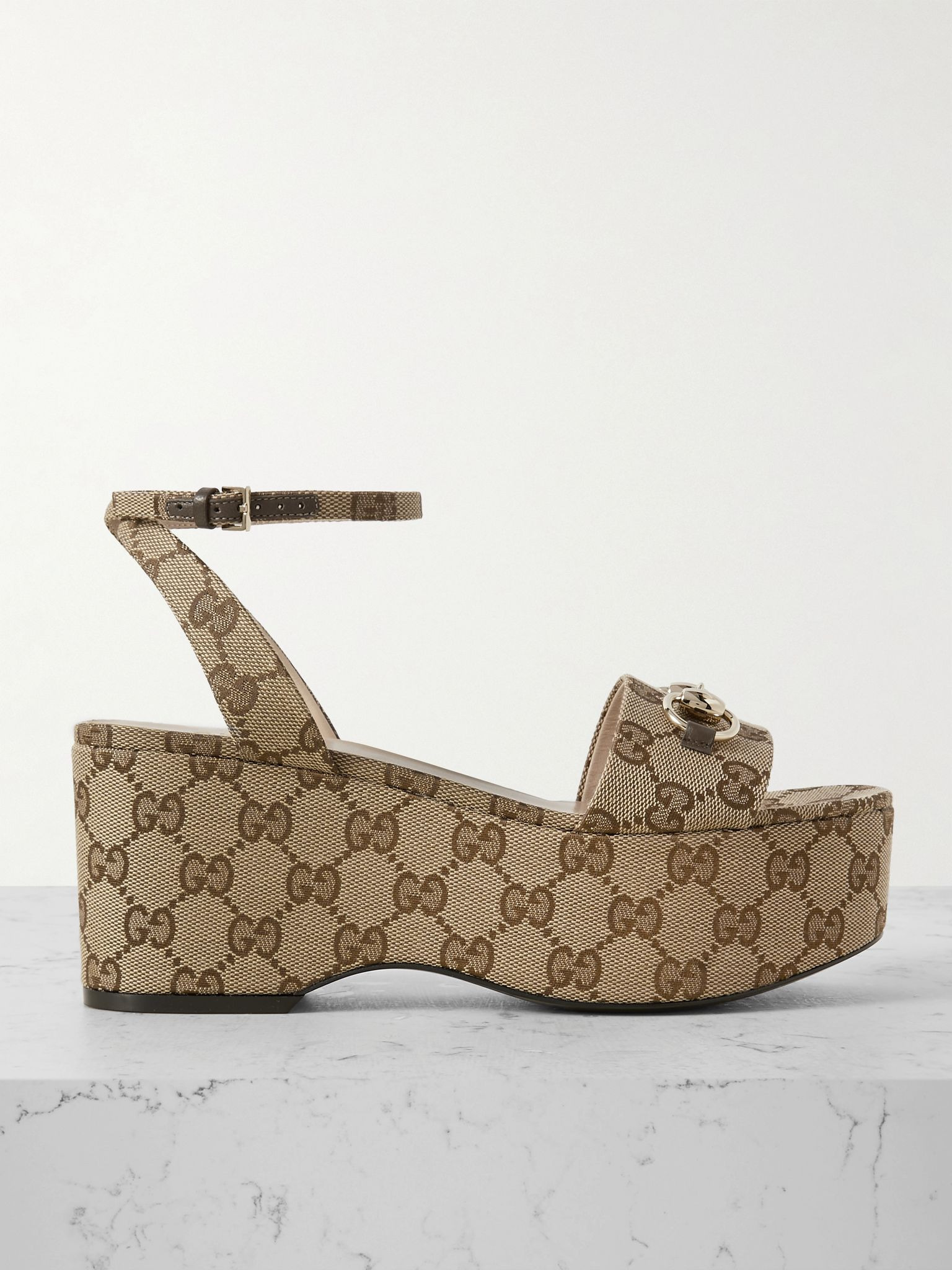 Lady horsebit-embellished canvas-jacquard platform sandals Beige - 1