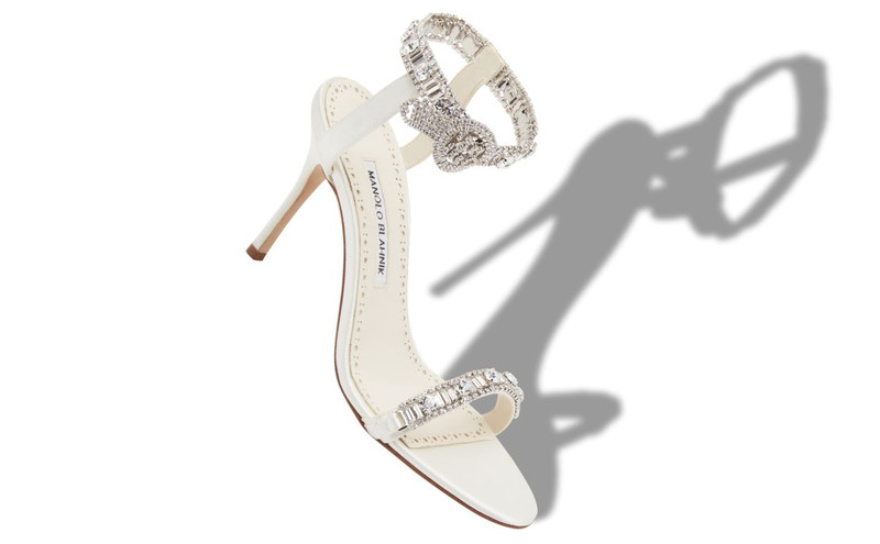 Manolo Blahnik Light Cream Satin Jewel Embellished Sandals outlook