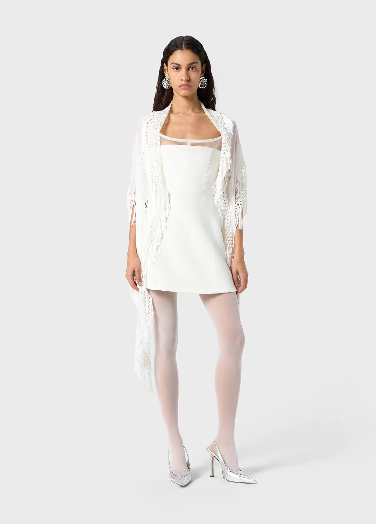 TULLE AND LACE SCARF WITH FRINGE - 1