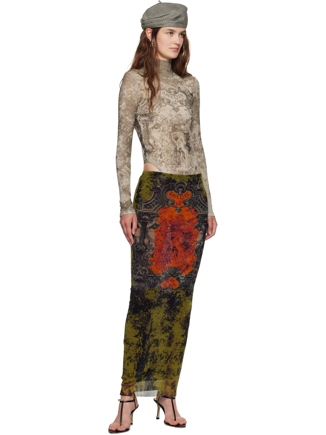 Khaki & Orange 'The Long Médaillon' Midi Skirt - 4