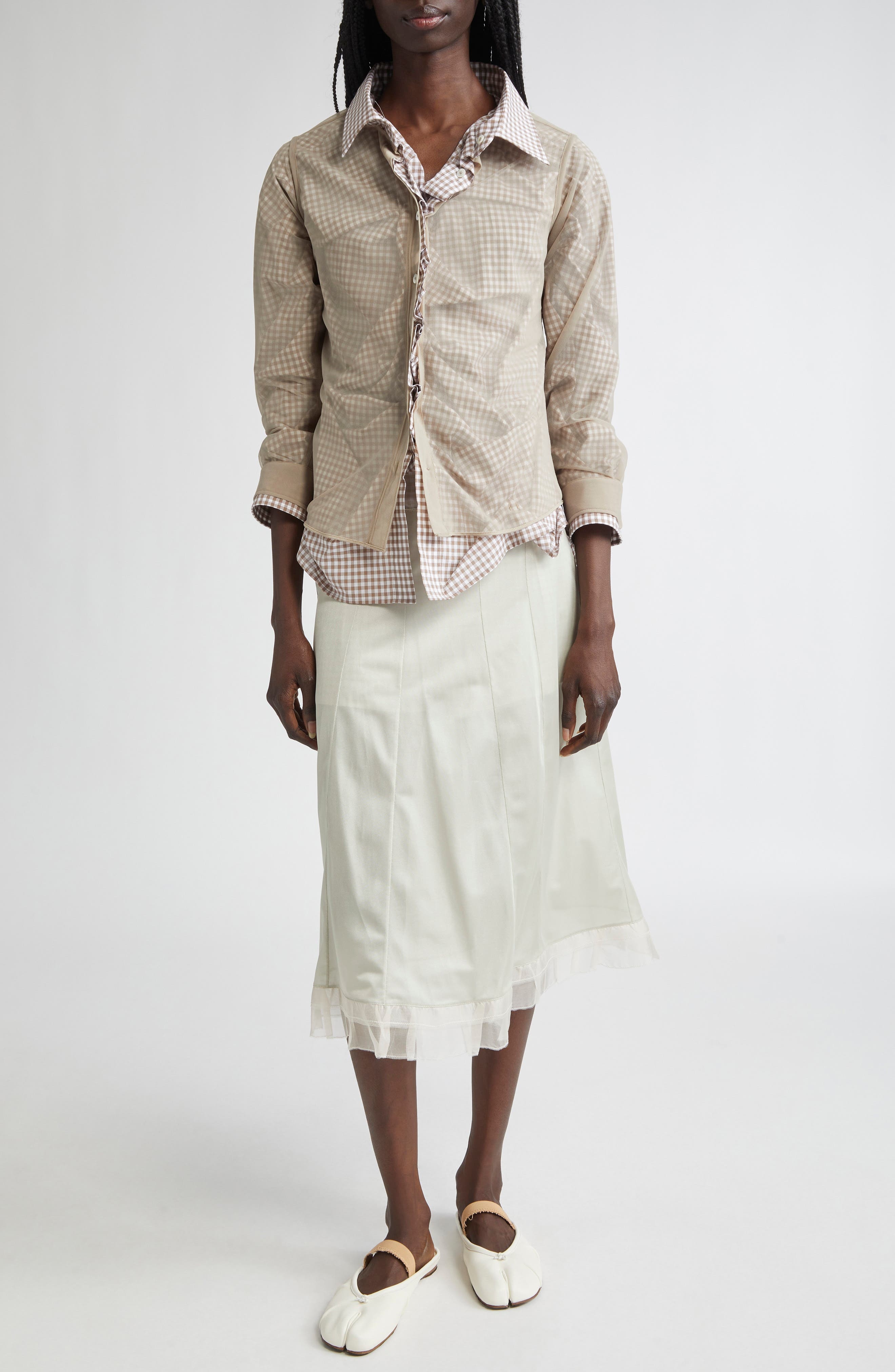Maison Margiela Layered Mixed Media Button-Up Shirt in Camel And Tan/White at Nordstrom - 2