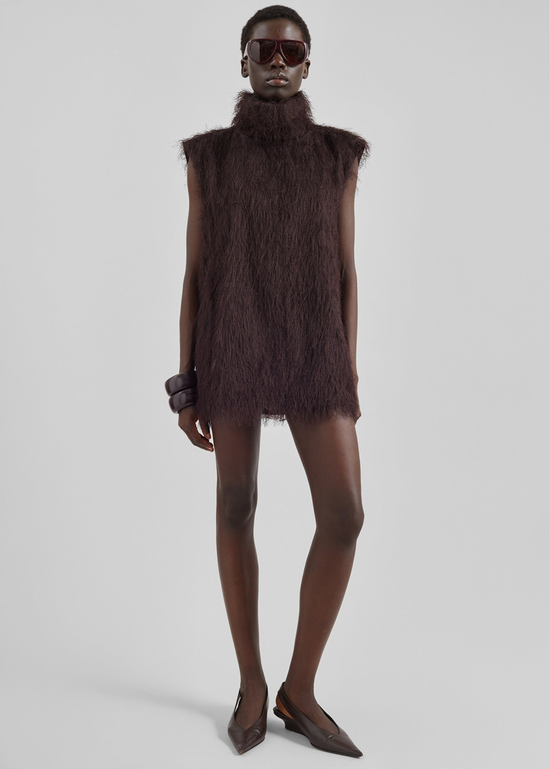 Lancy Fringed Funnel Neck Dress - Dark Brown 1