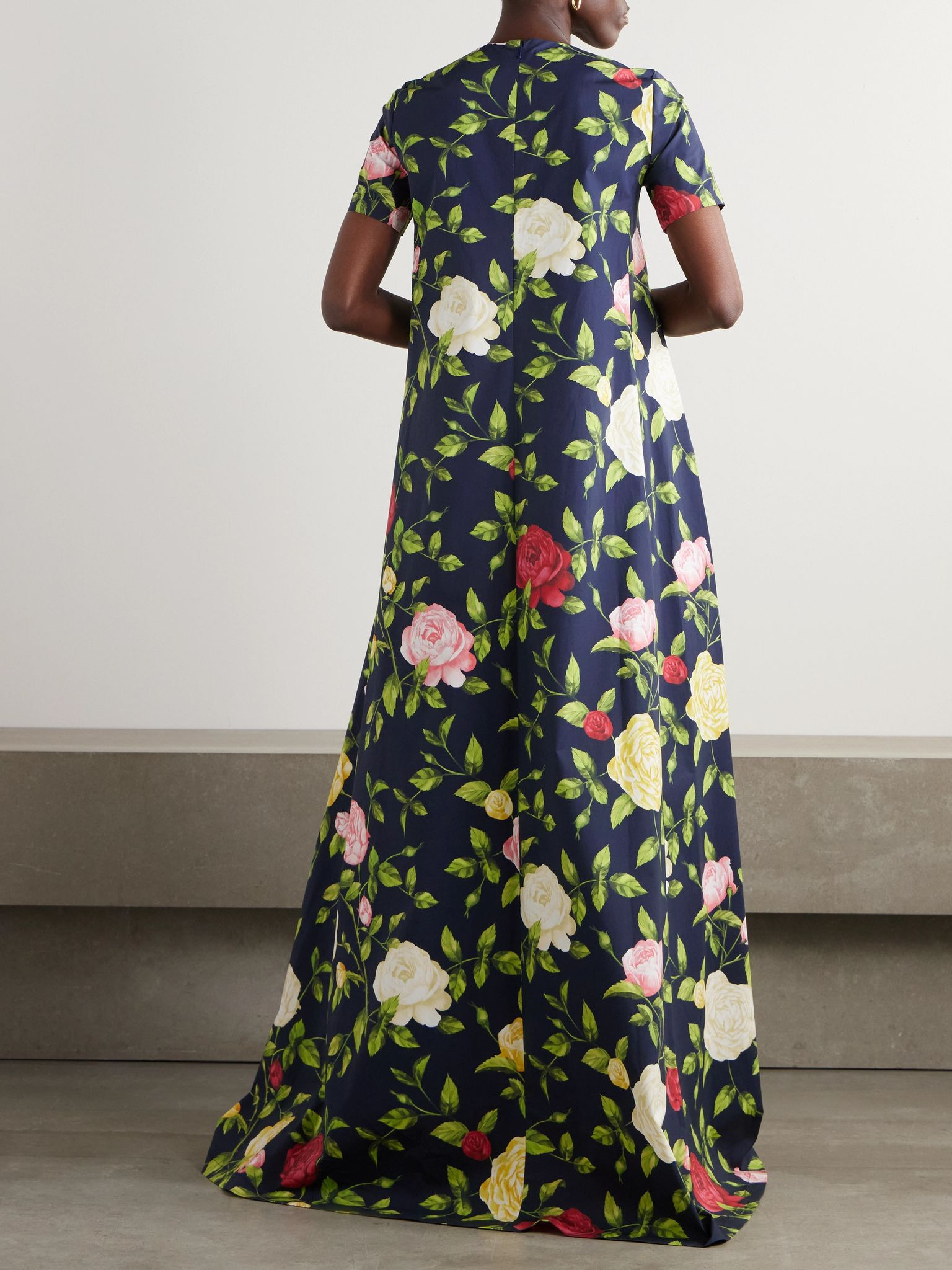 Button-embellished floral-print cotton-blend poplin gown Navy - 3