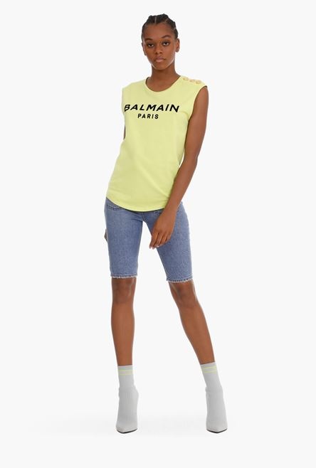 Lime green cotton T-shirt with flocked black Balmain logo - 2