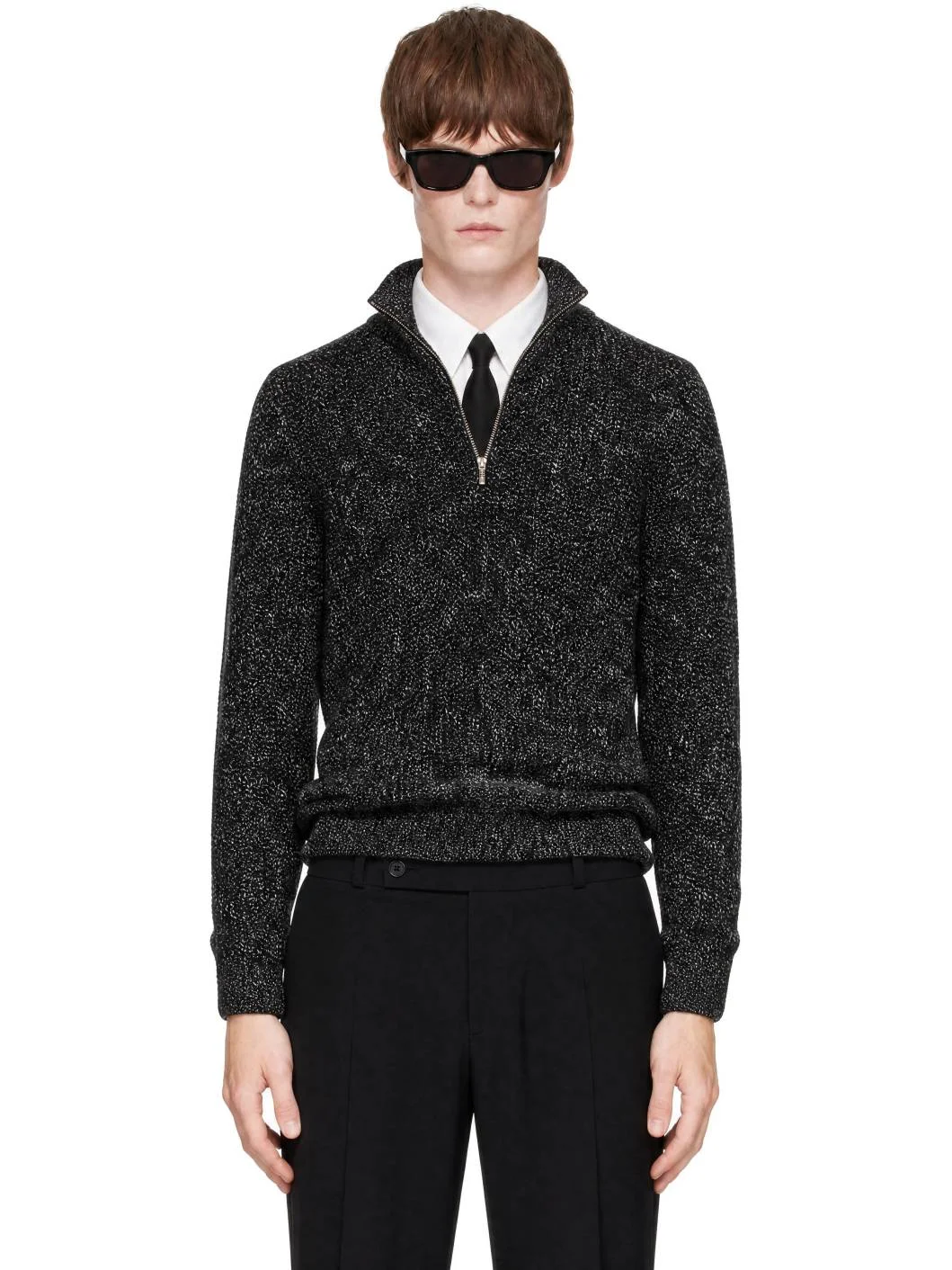 Black & Off-White Tweed Half-Zip Polo - 1