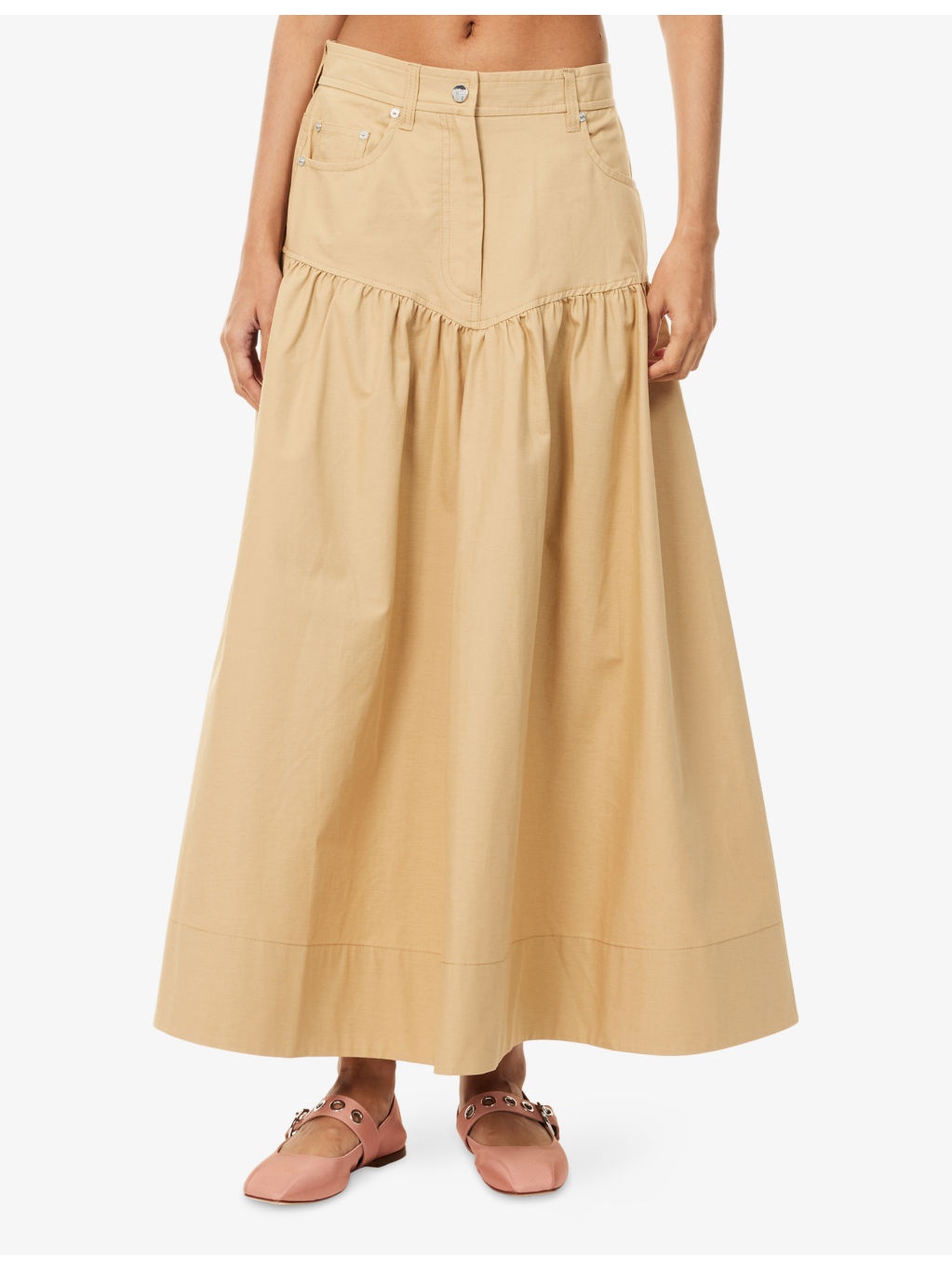 Summer Suiting Gathered Cotton and Linen Midi Skirt - 3