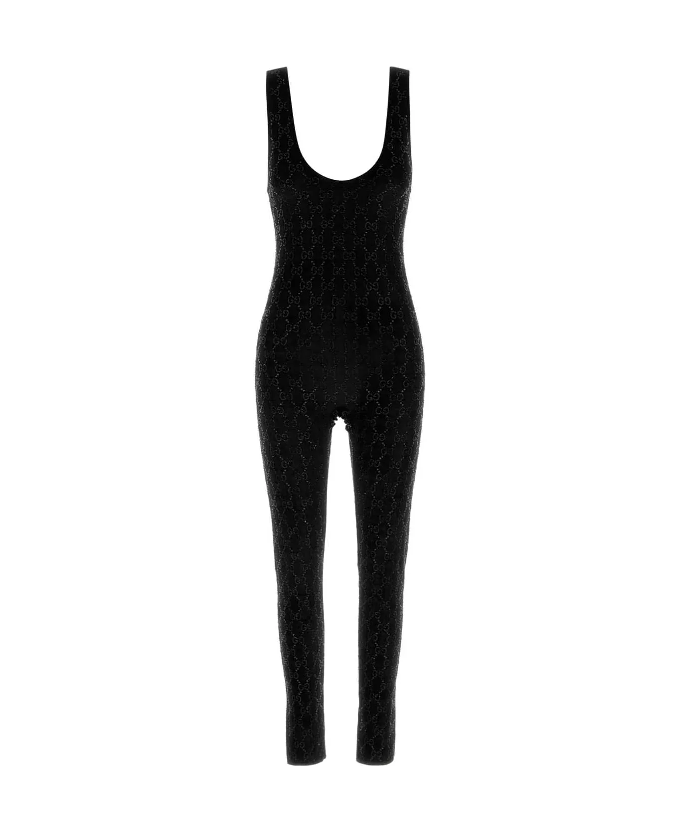 Black Stretch Velvet Jumpsuit - 1