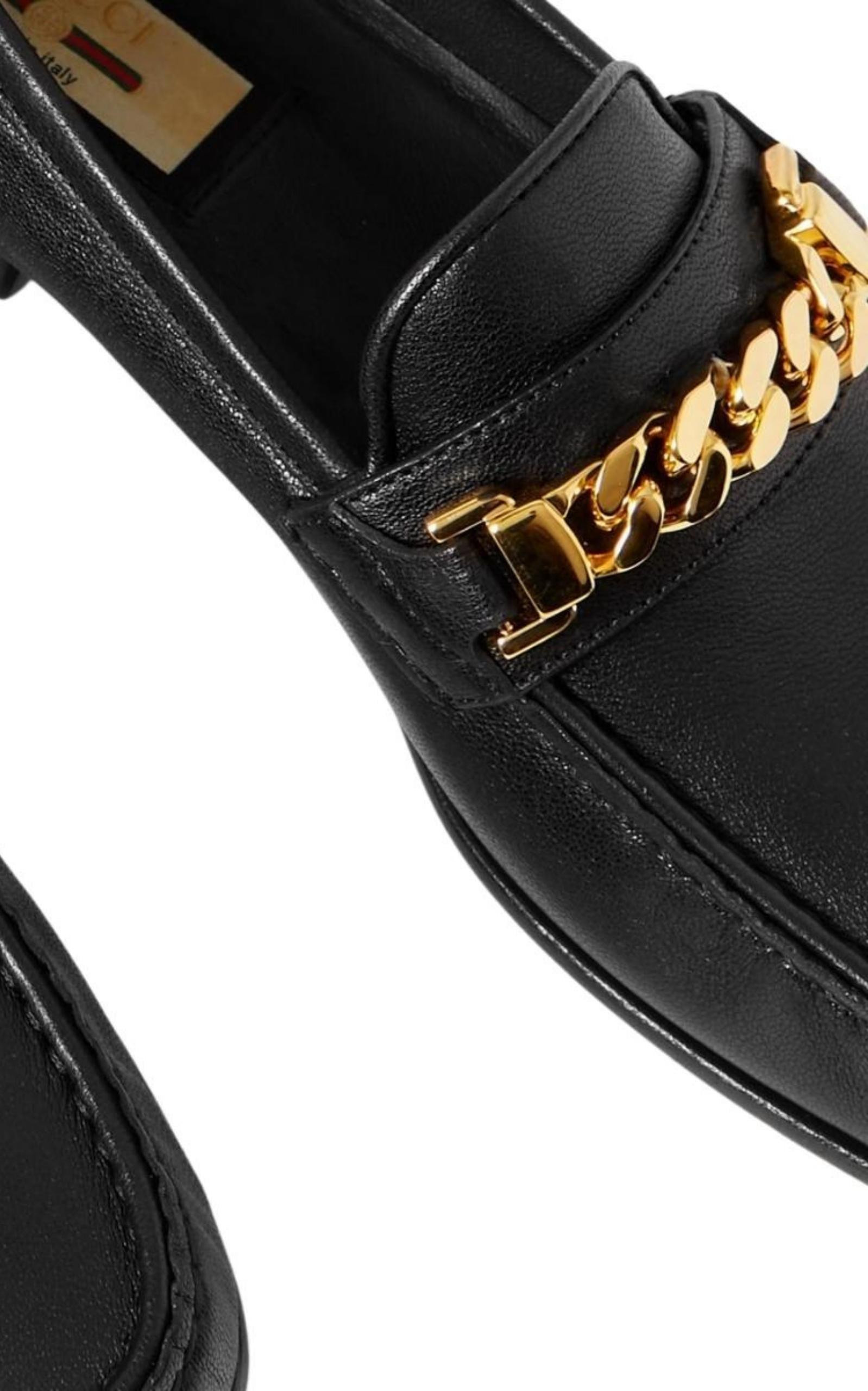 Black Leather Sylvie Chain Loafers - 5