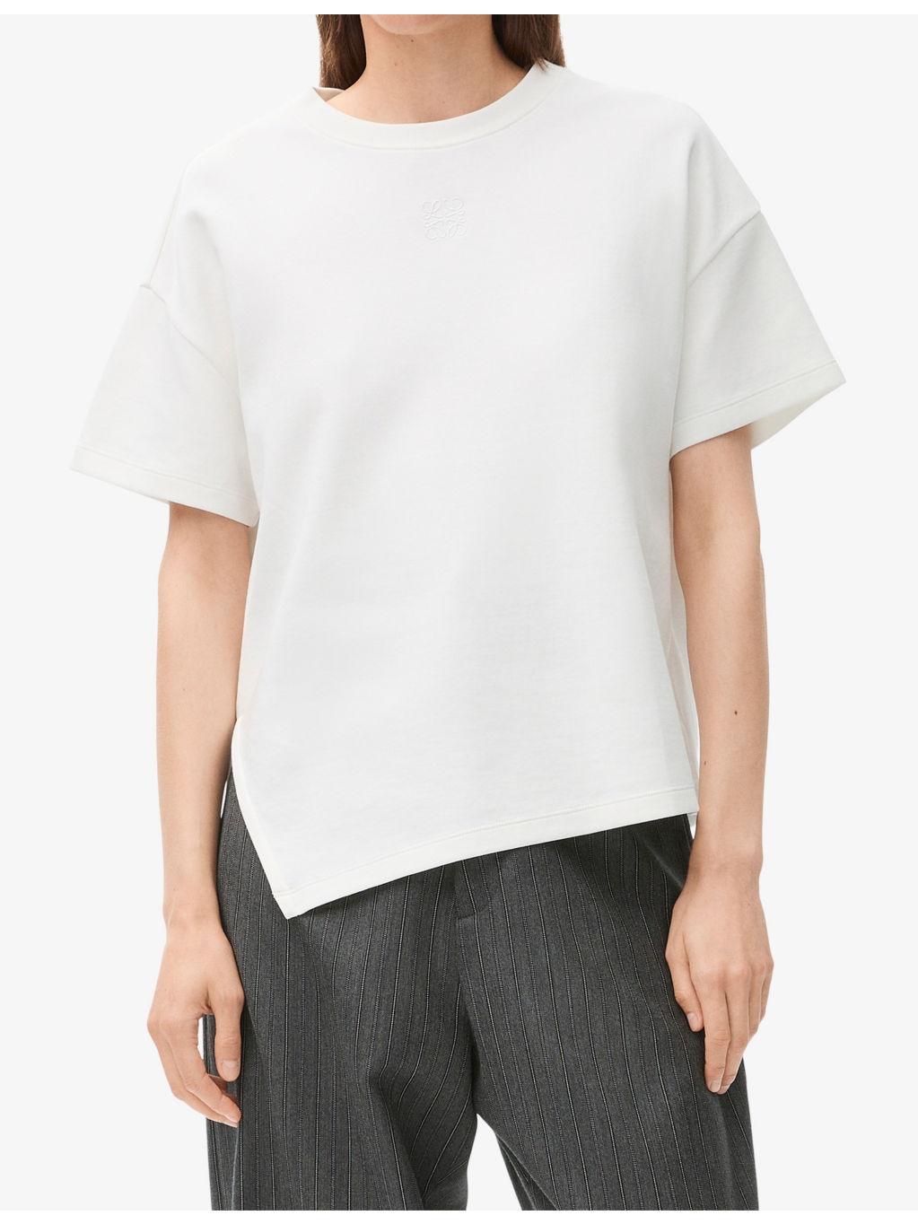 Anagram-embroidered asymmetric-hem cotton-blend jersey T-shirt - 3