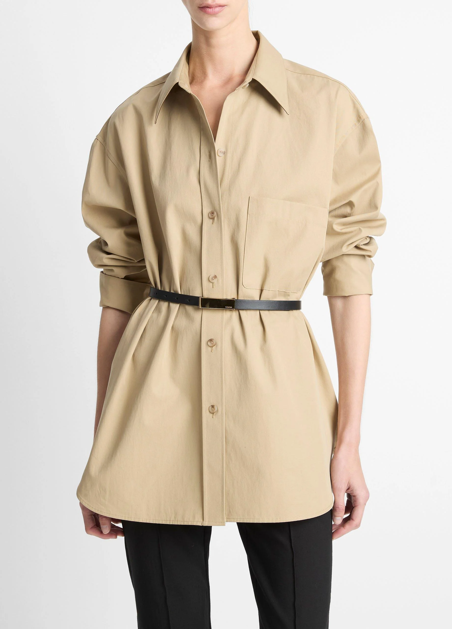 Faux-Leather-Trim Italian Cotton Oversized Button-Front Shirt - 1