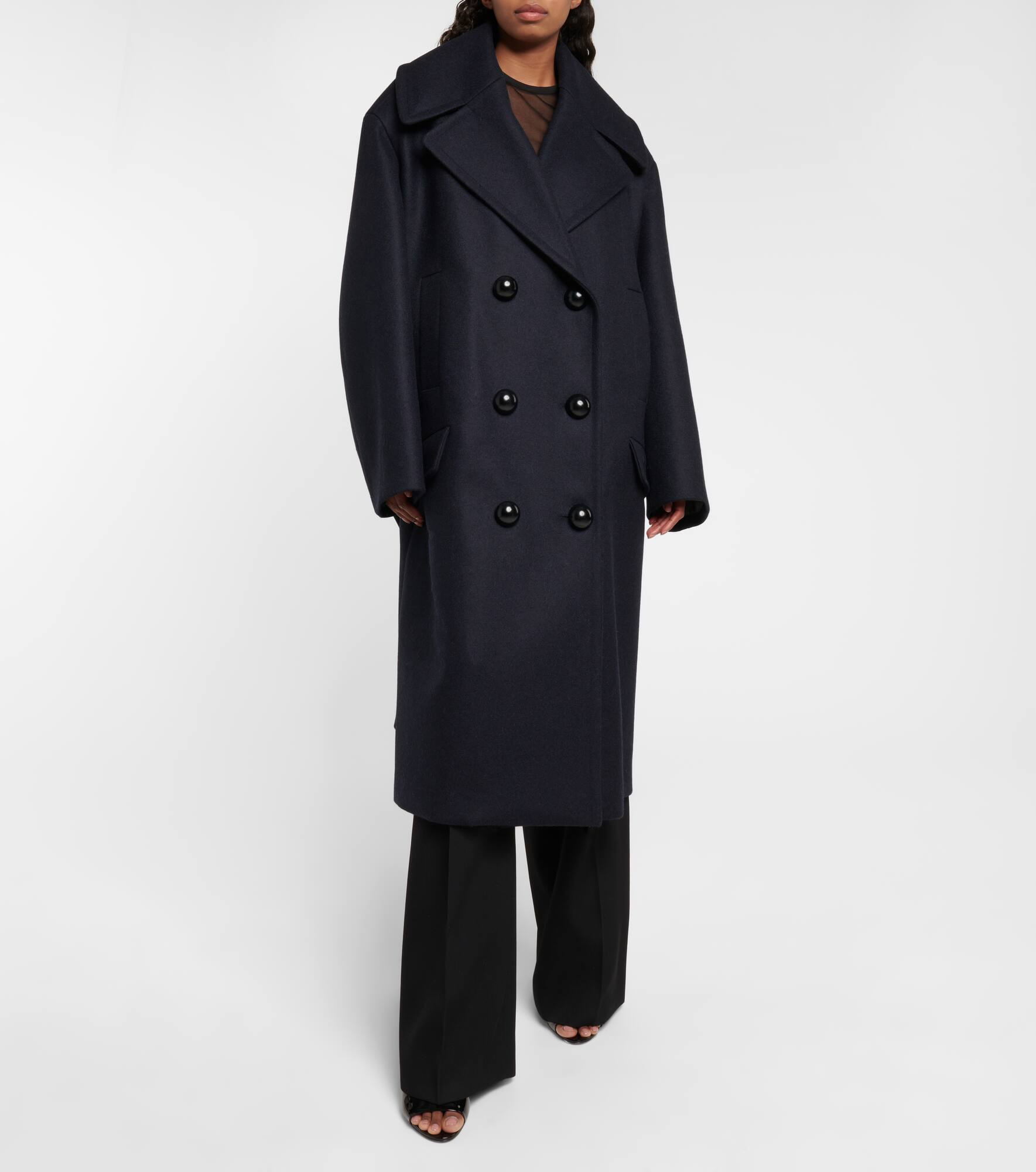 Double-breasted wool long peacoat - 7