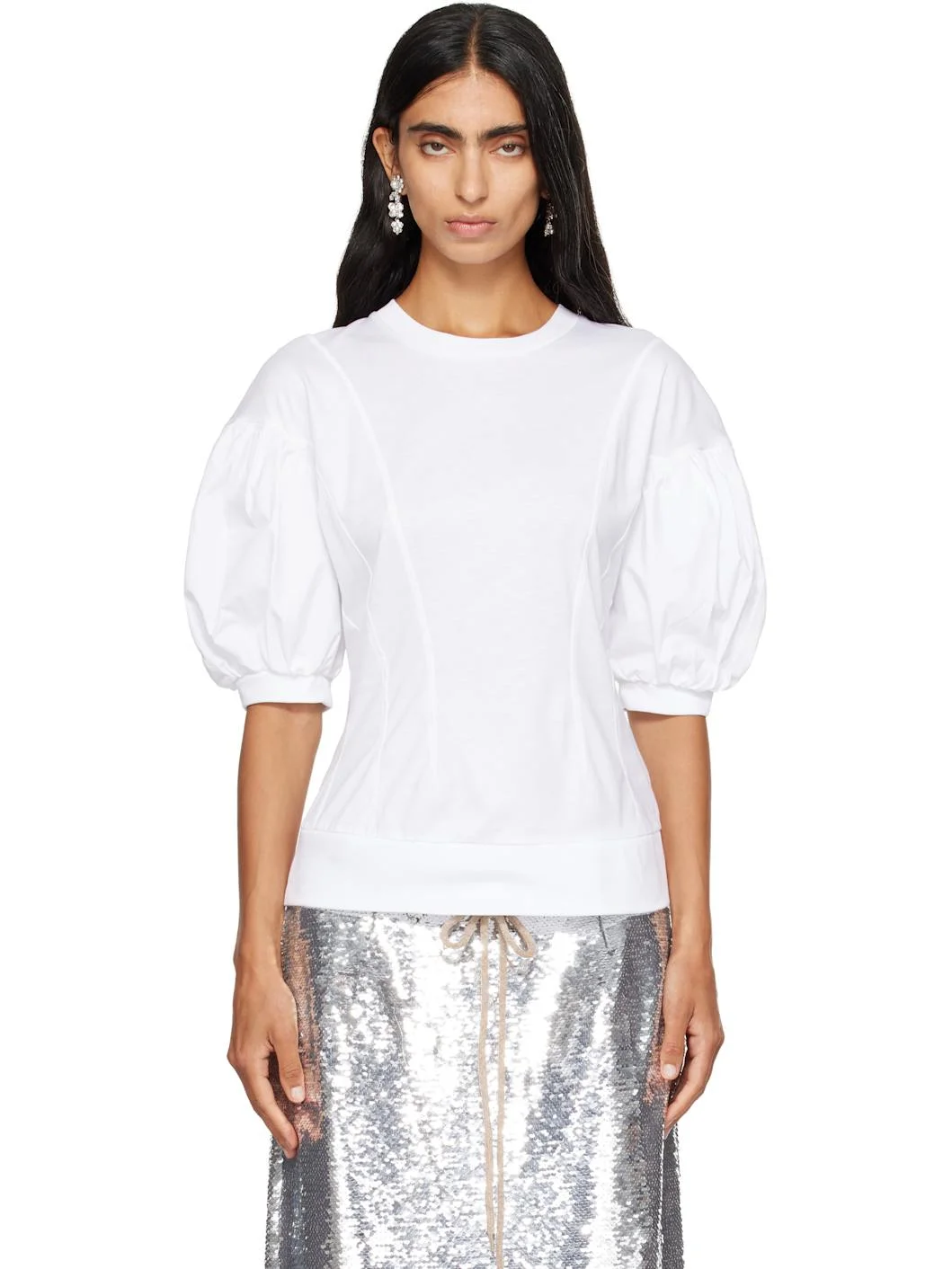 White Puff Sleeve Sculpted Contrast T-shirt - 1