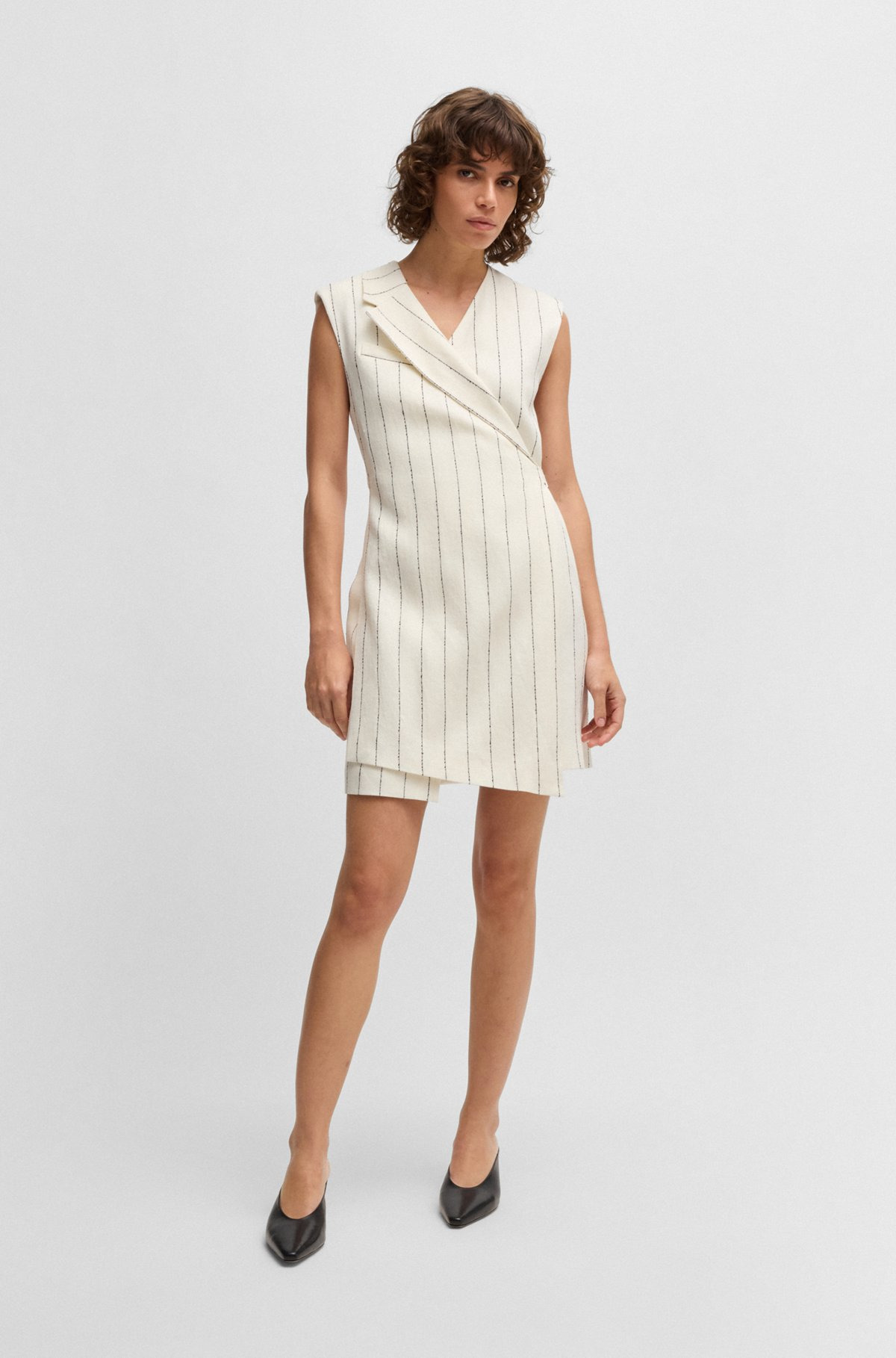 WRAP-FRONT DRESS IN A PINSTRIPE LINEN BLEND - 3