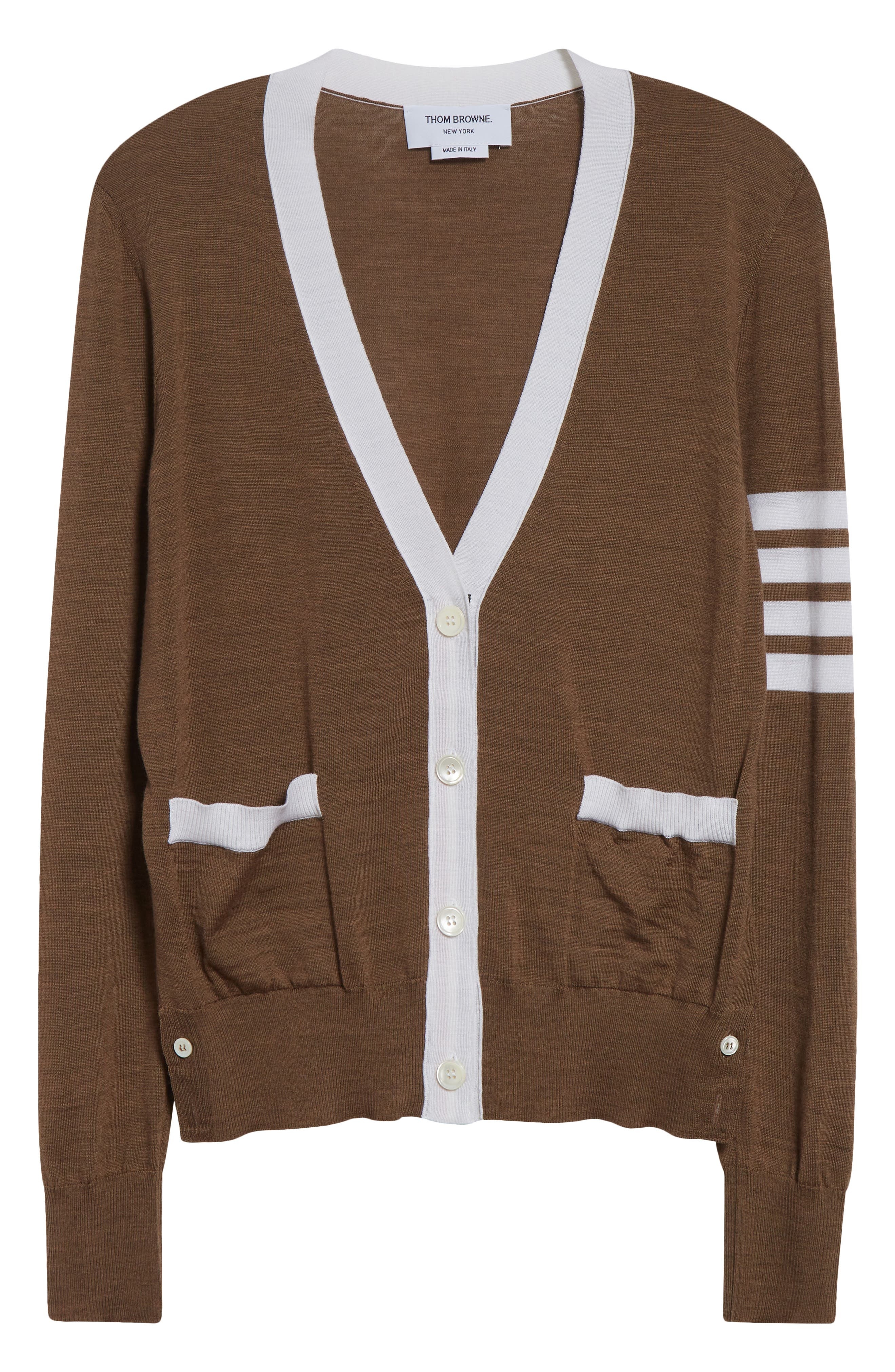 Thom Browne 4-Bar Relaxed Fit V-Neck Virgin Wool Cardigan in Walnut at Nordstrom - 6