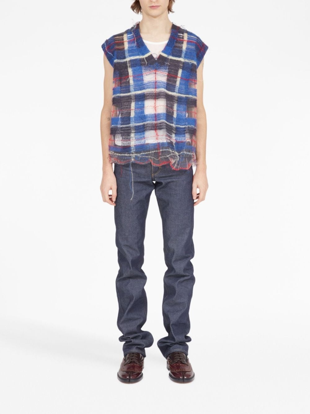 unfinished-effect plaid vest - 2