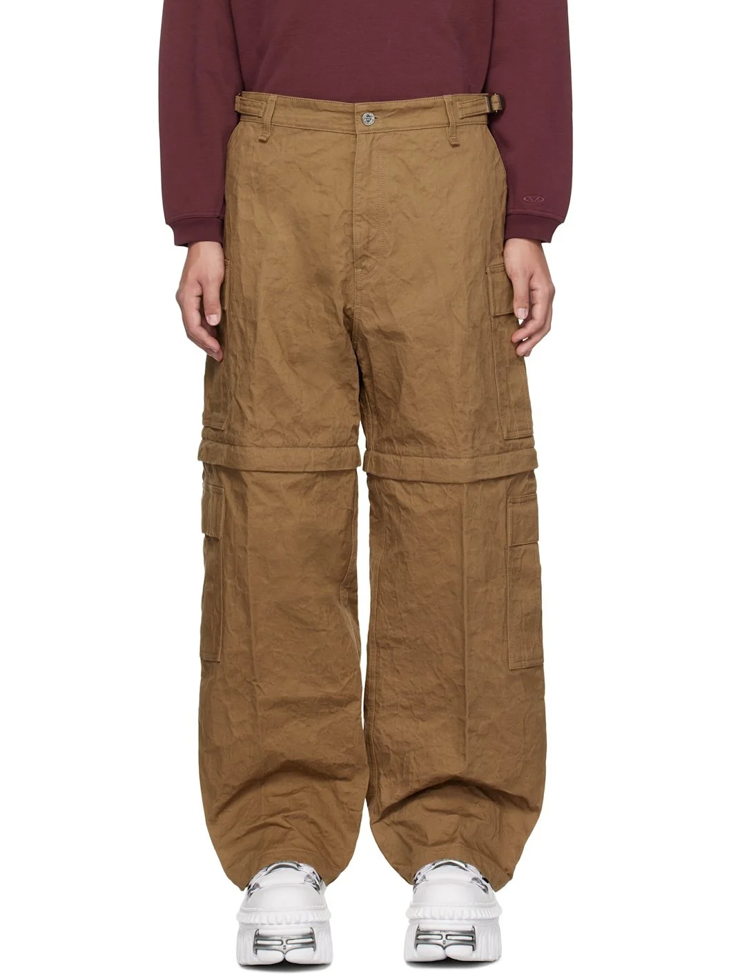 Beige Metalized Wrinkled Cargo Pants - 1