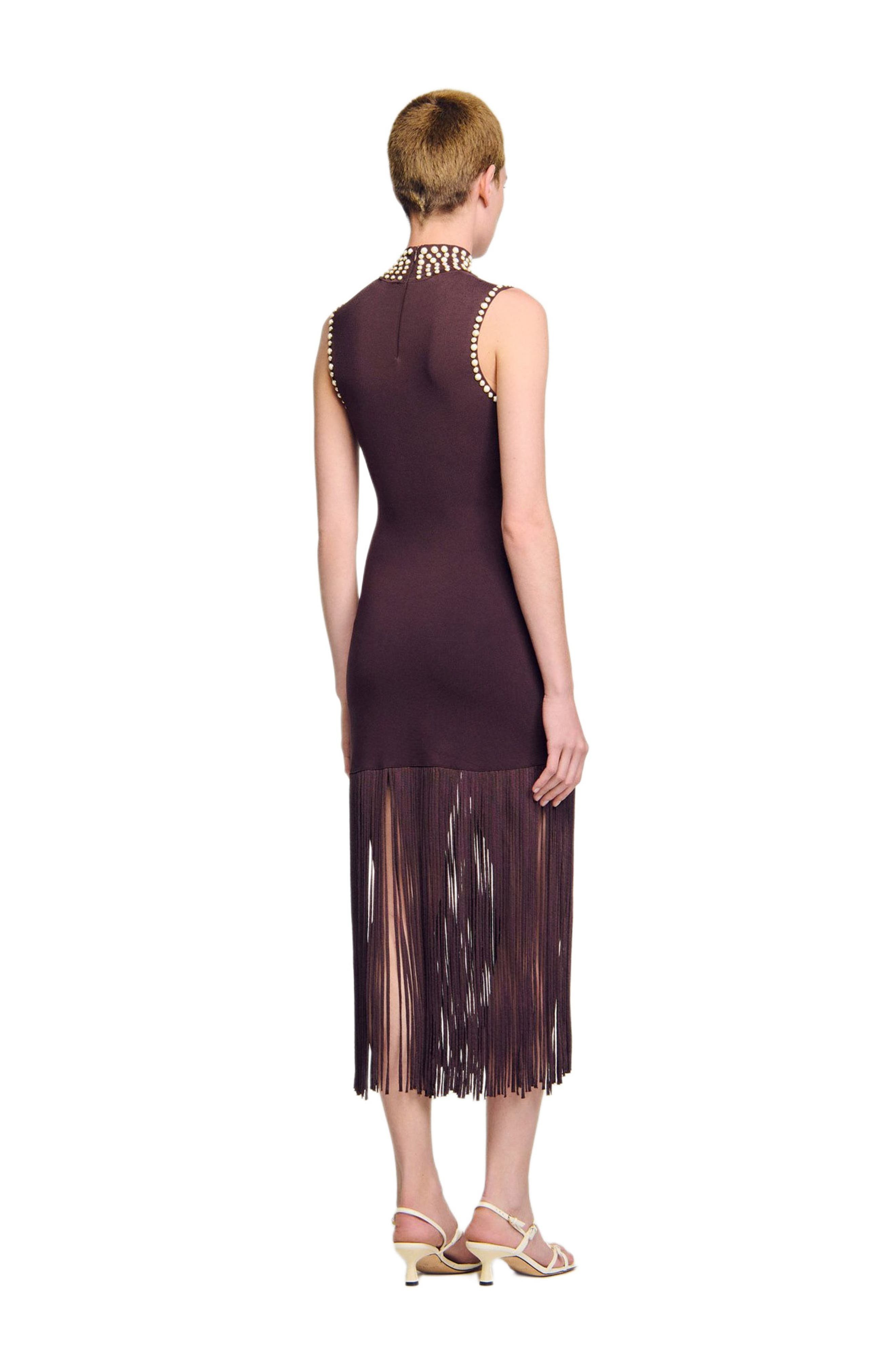 SANDRO Fringed knit midi dress in Brown at Nordstrom - 2