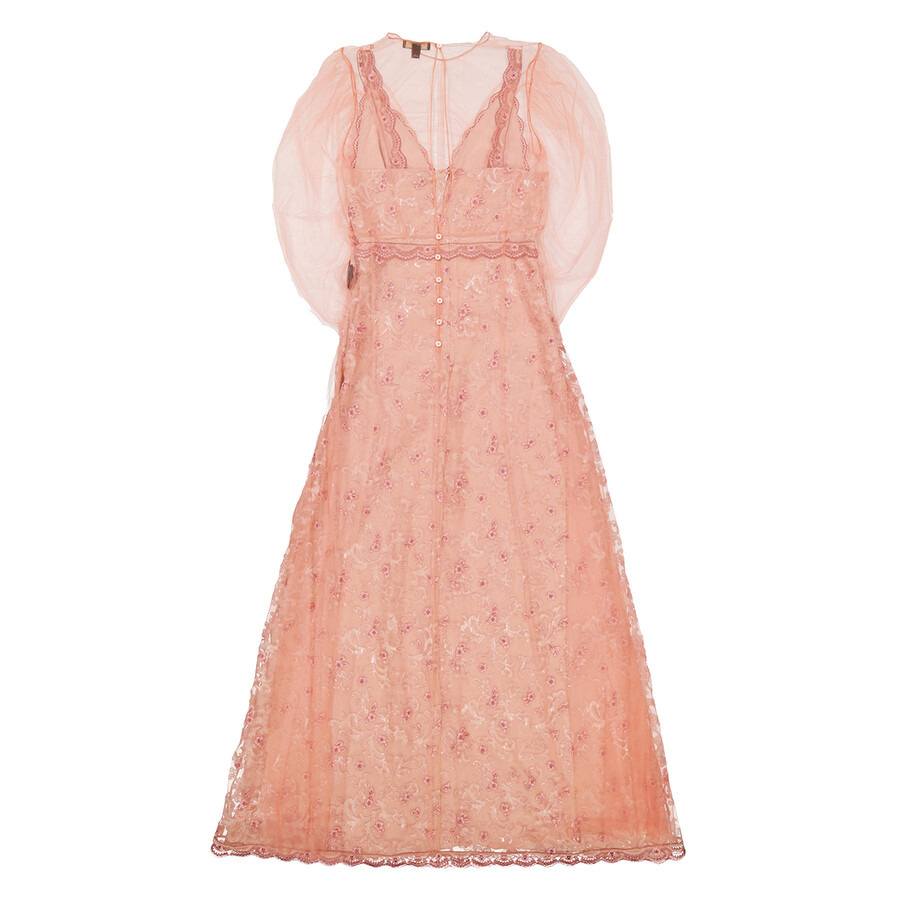 Burberry Floral-embroidered Puff-sleeve Dress In Dusty Pink - 7