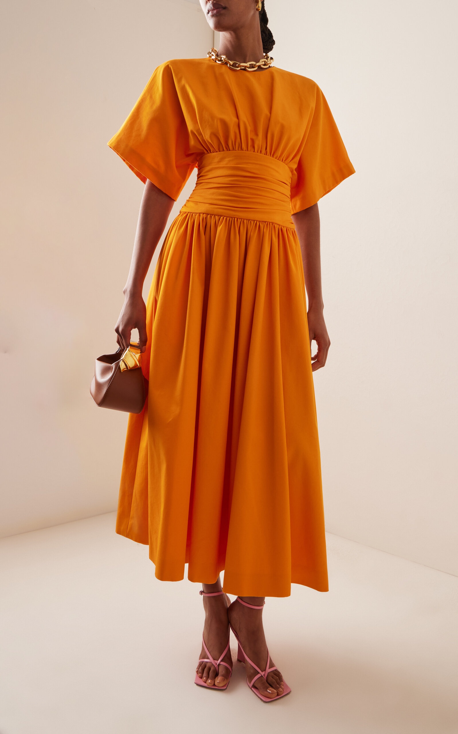 Ruched Cotton Poplin Midi Dress orange - 3