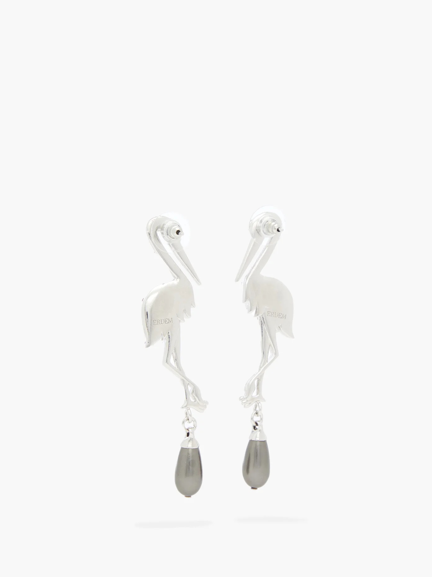 Faux-pearl and crystal crane drop earrings - 3