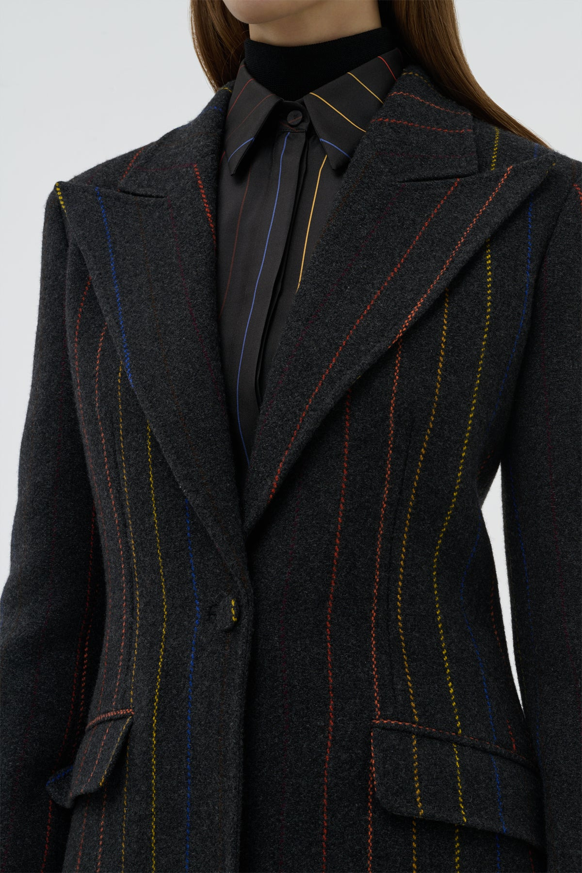 Leiva Blazer in Charcoal Multi Pinstripe Wool Cashmere - 6