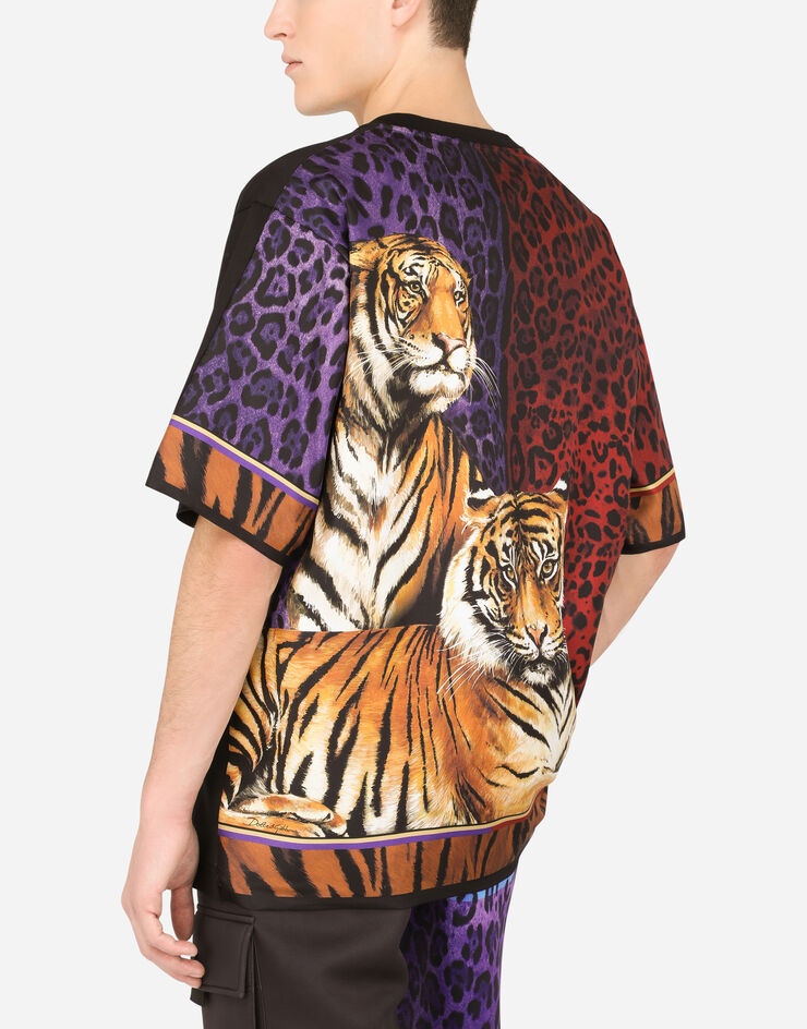 Jersey and twill T-shirt with tiger print - 5