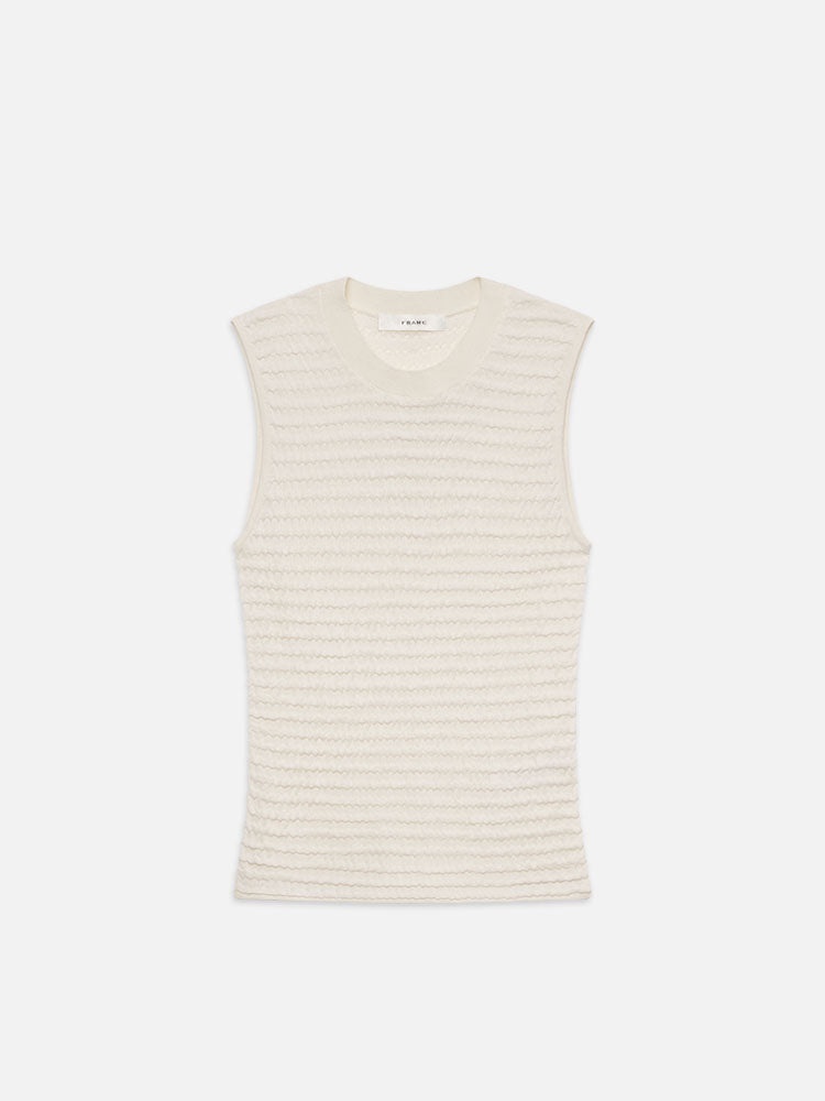 Smocked Sleeveless Crewneck in White - 1