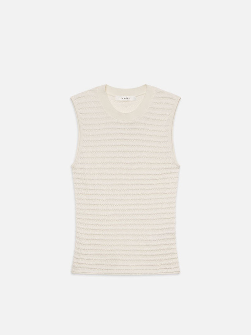 Smocked Sleeveless Crewneck in White 1
