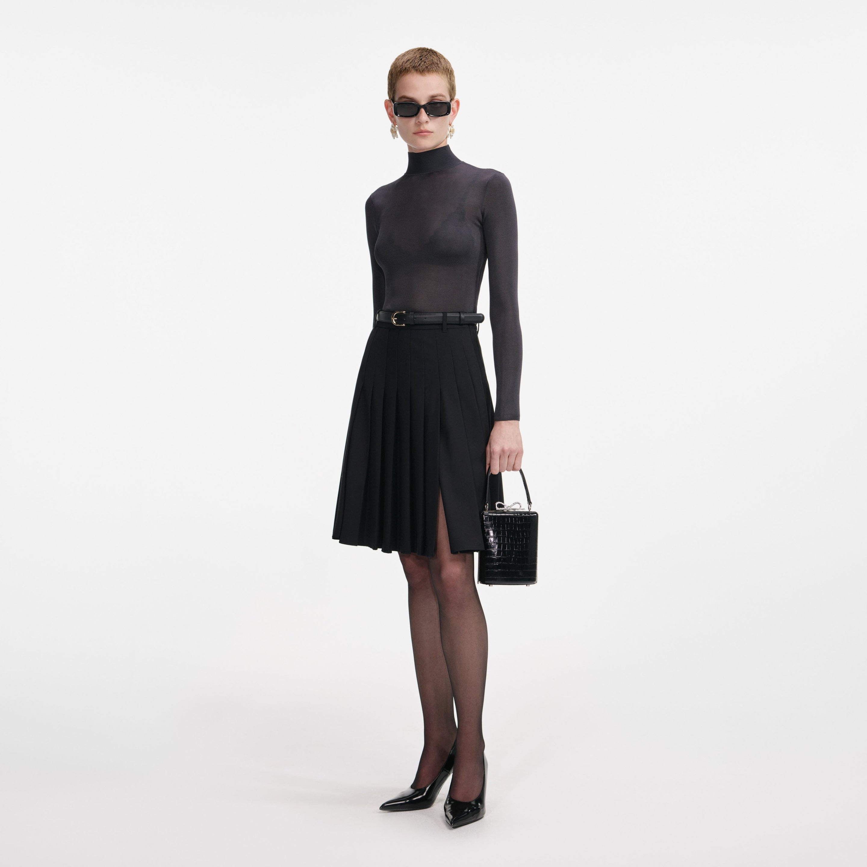 Black Pleated Twill Midi Skirt - 2