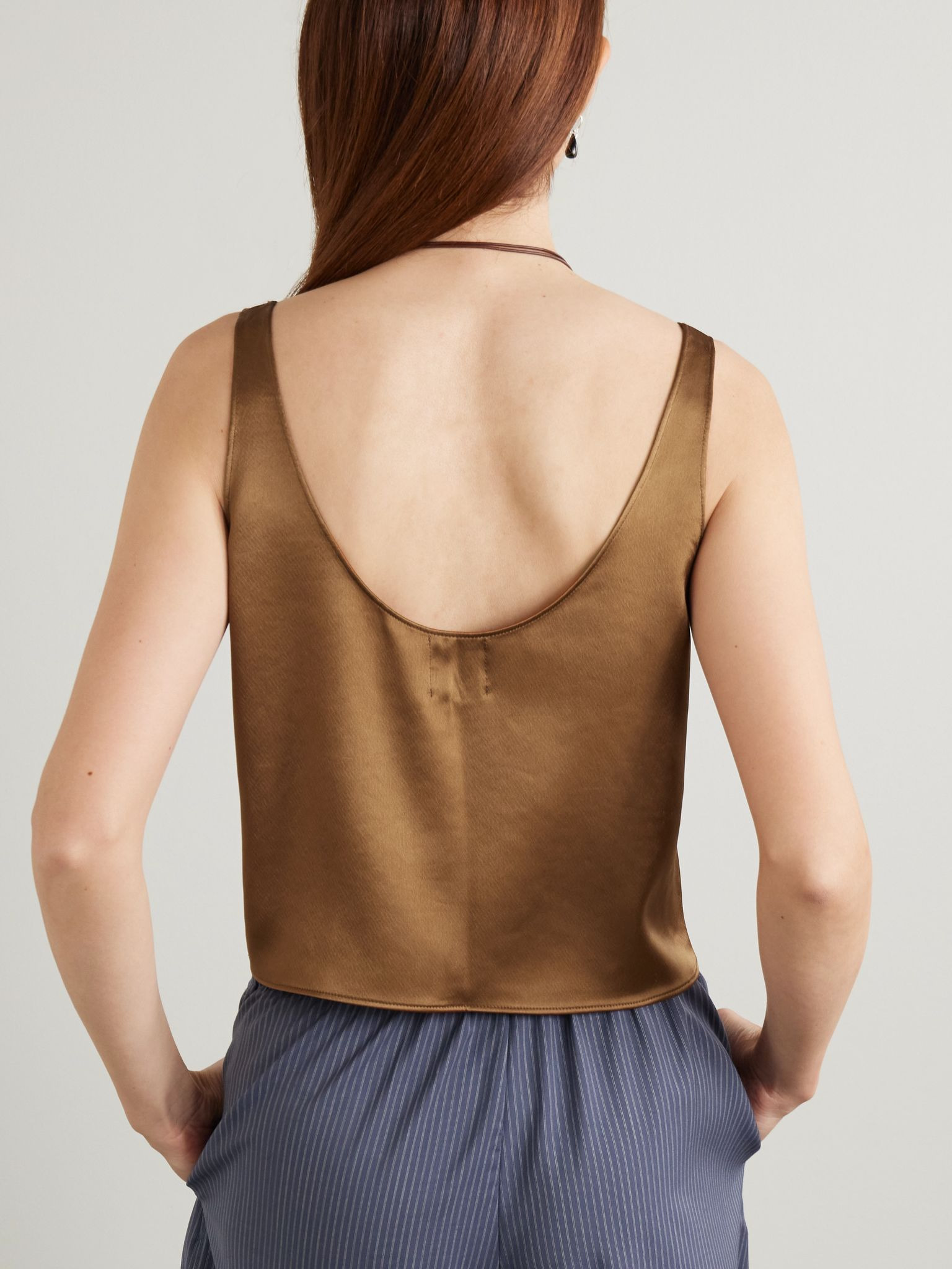 Barb Scoop cropped washed-satin tank Chocolate - 3