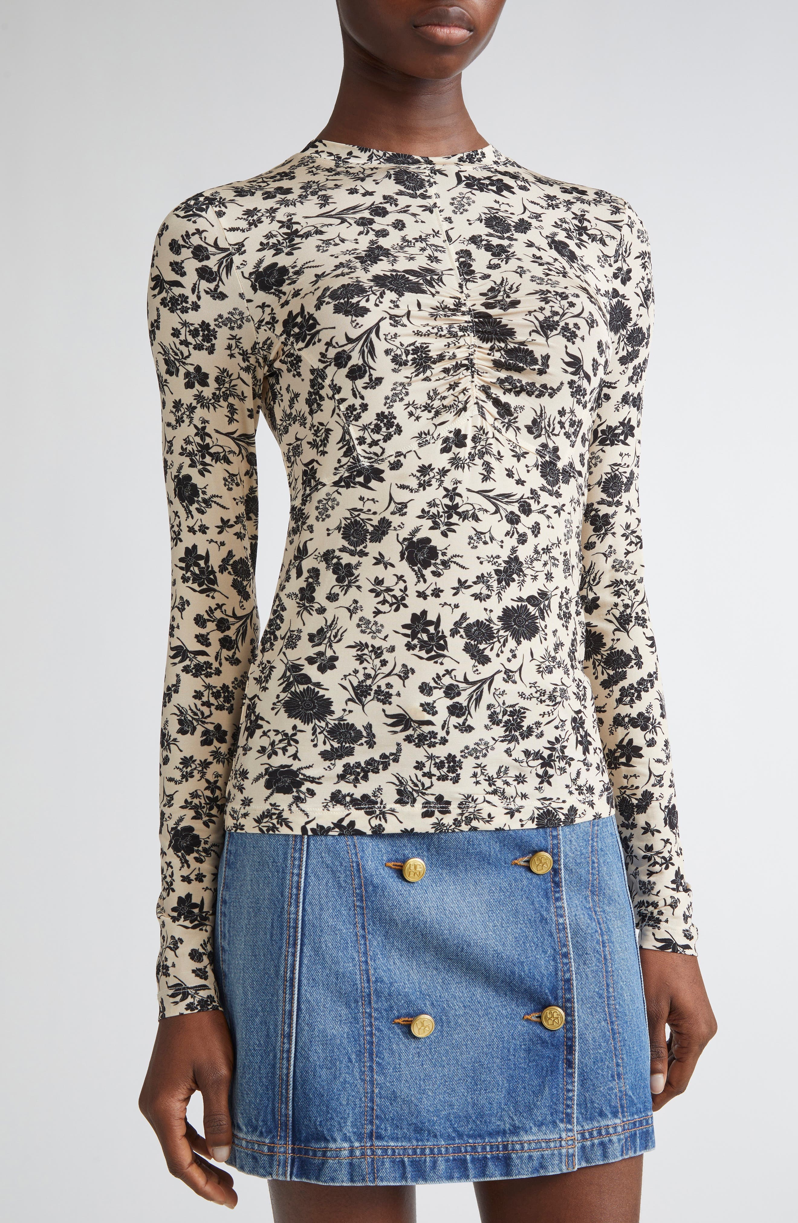Ulla Johnson Neri Floral Center Ruched Knit Top in White Gardenia at Nordstrom - 5