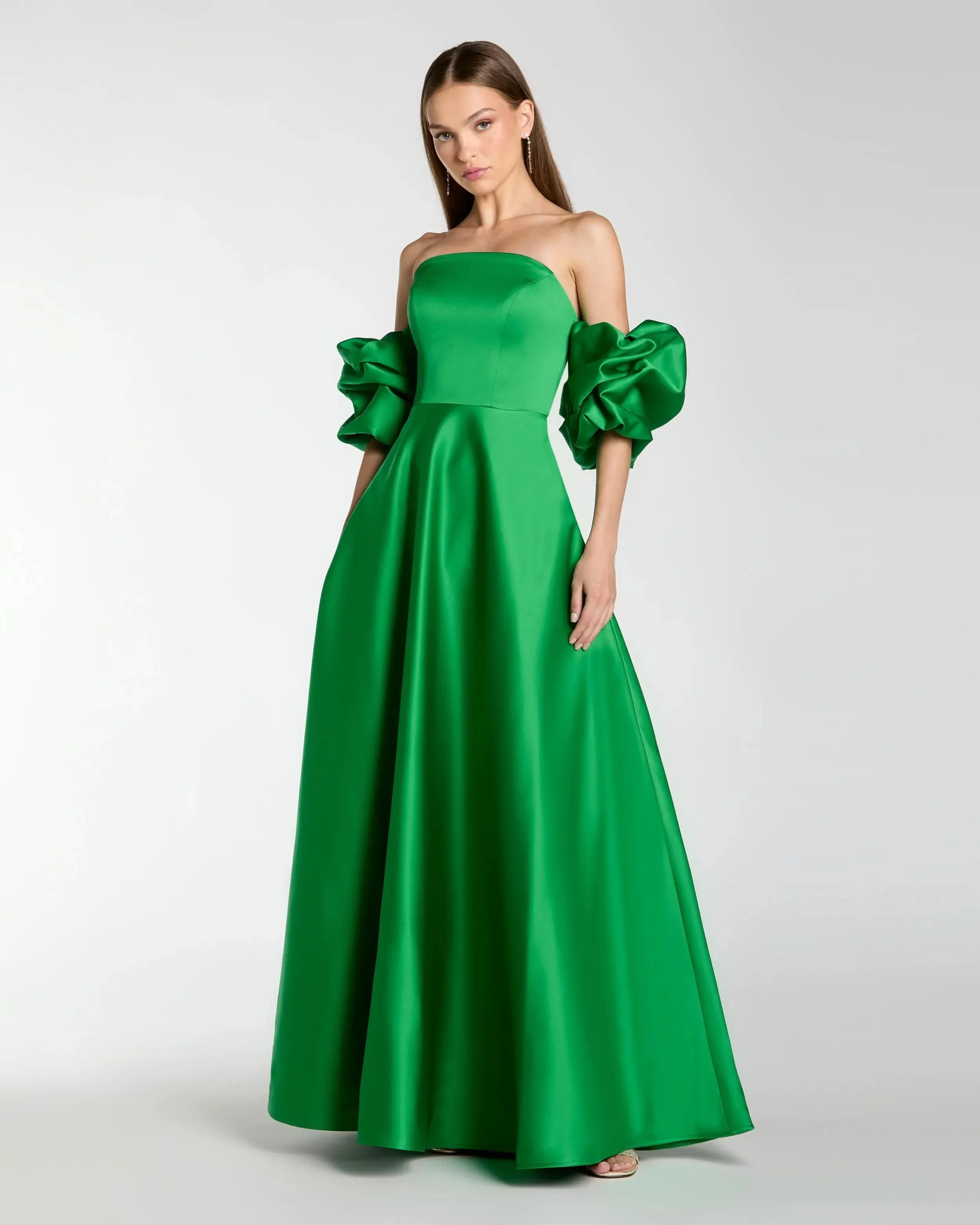 Green Satin Off The Shoulder Puff Sleeve Ball Gown - 1