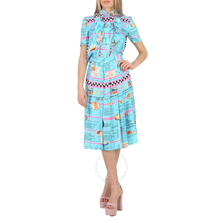 Moschino All-Over Diner Menu Print Short Sleeve Silk Blouse - 6
