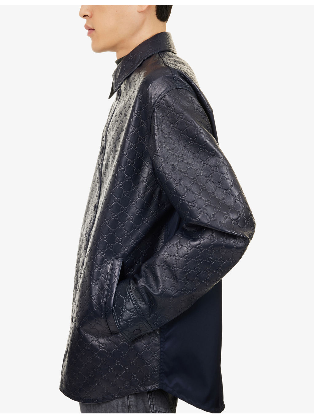 Embossed Monogram-Pattern Long-Sleeve Faux-Leather Shirt - 6