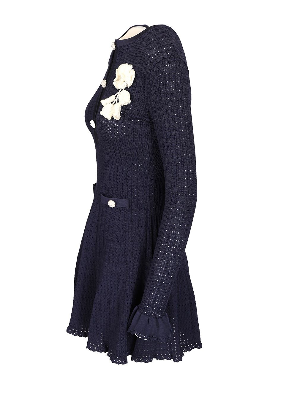 Navy Pointelle Knit Crochet Flower Mini Dress Dresses Blue - 3