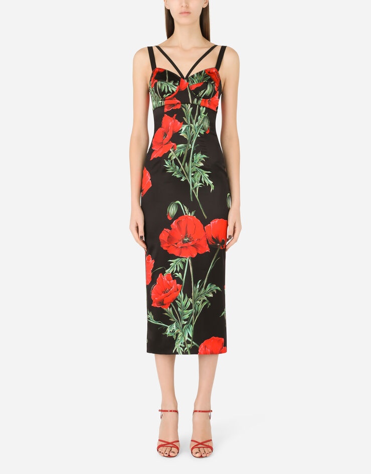 Satin calf-length corset dress with poppy print - 1