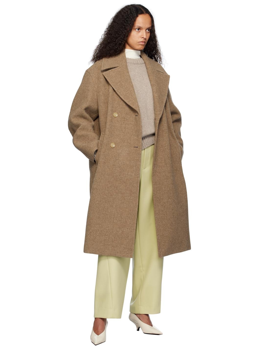 Brown Sponge Wool Melton Double-Breasted Coat - 4