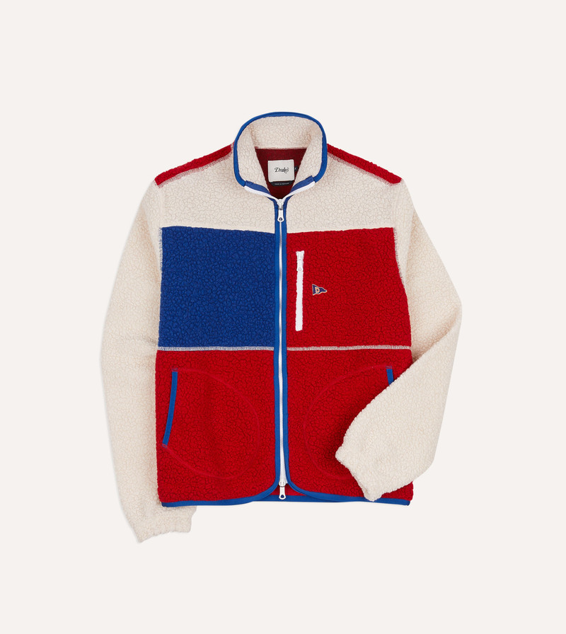 Ecru, Red and Blue Boucle Wool Zip Fleece Jacket 1