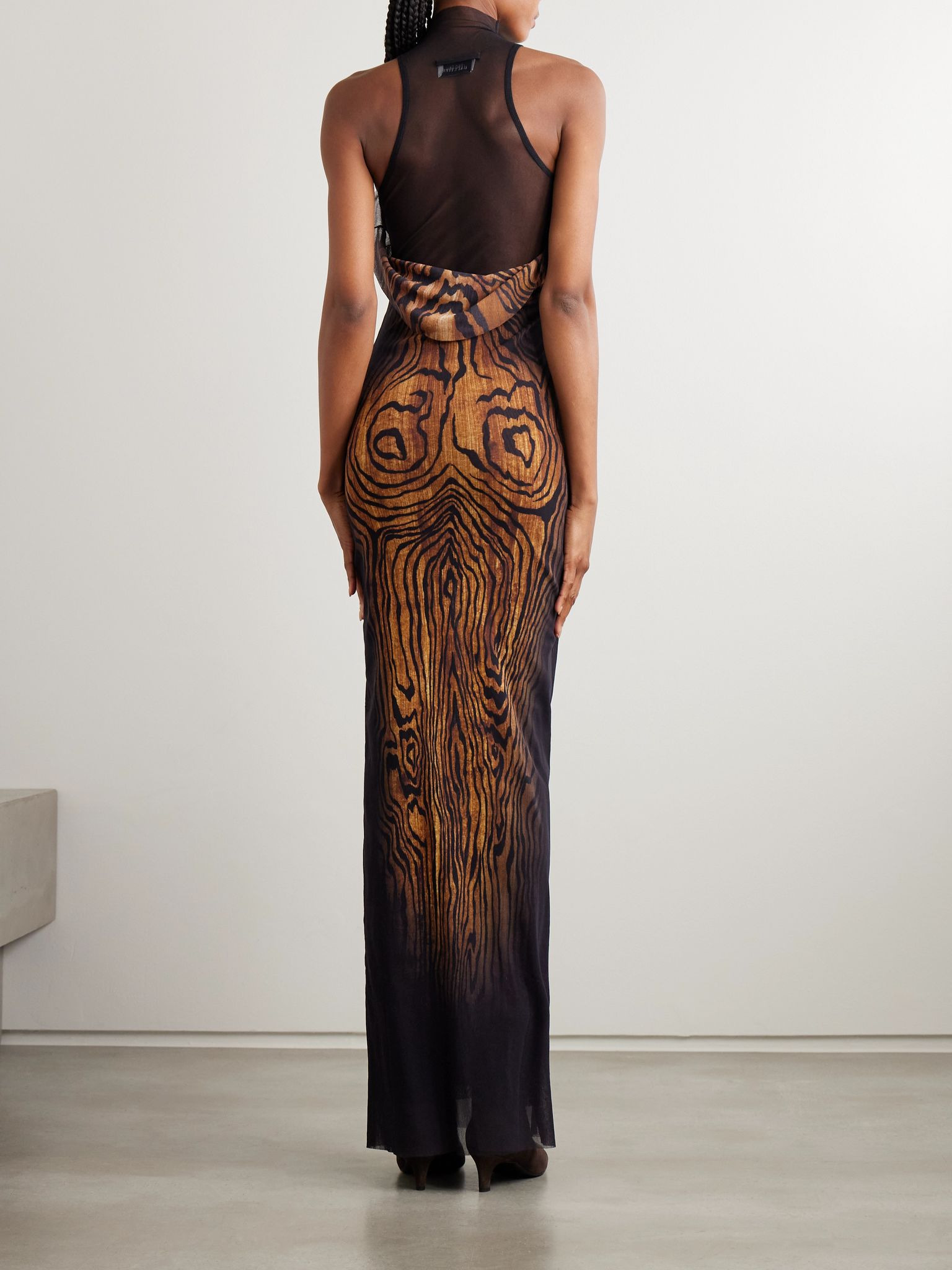 Layered draped printed stretch-tulle turtleneck maxi dress Brown - 3
